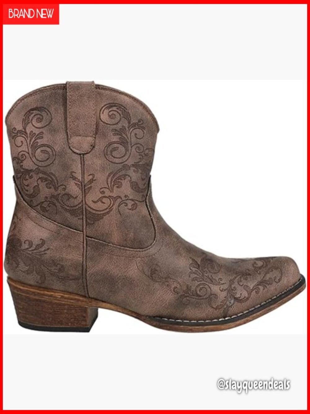 Western Ankle Boots Low Heel Pull On Casual Faux Leather Embroidered